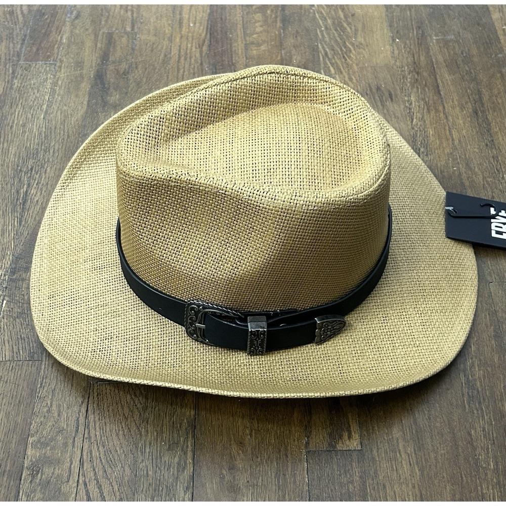 Frye straw cowboy hat features a distinct black leather band Metal Buckle New - Picture 2 of 8